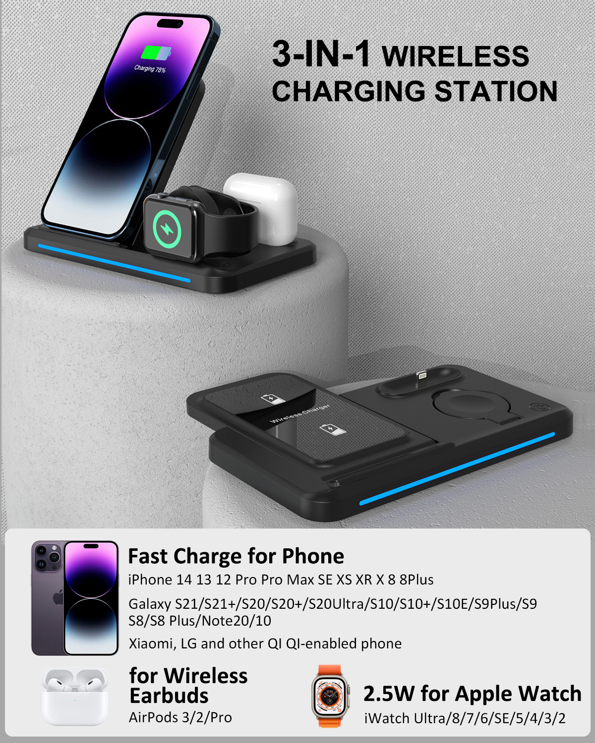 Three-in-one foldable wireless charger, desktop 3D wireless charger, mobile phone charger pic 2