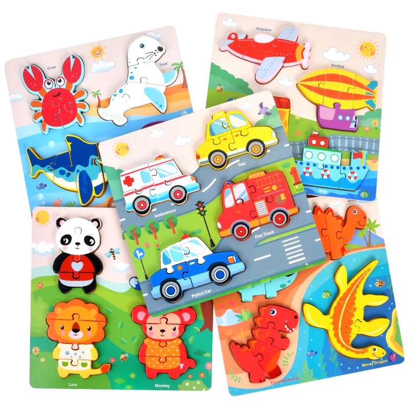 木制四合一拼图动物森林卡通认知手抓板嵌板配对男女孩益智玩具