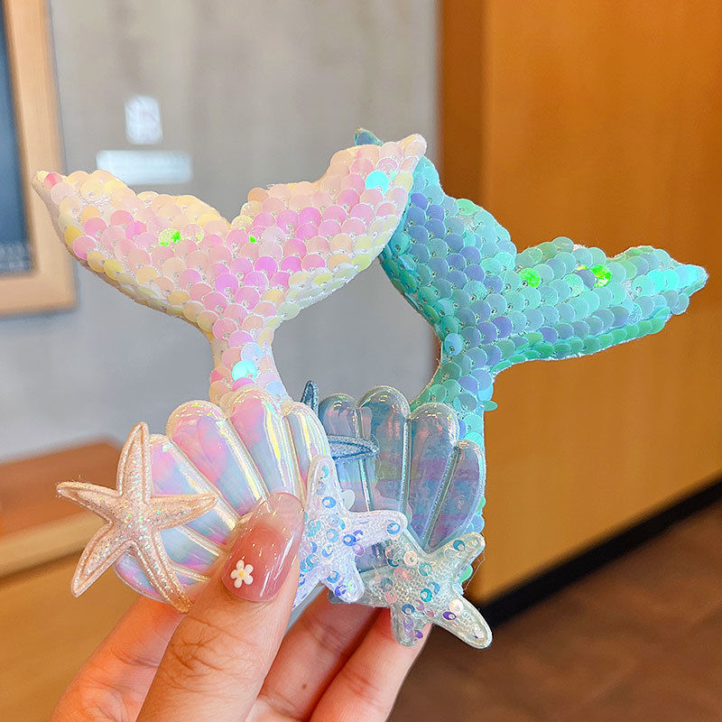 Little girl mermaid tail hair clip, baby cute cartoon hair clip, children's shell starfish hair band, girls' headwear Application Scenario