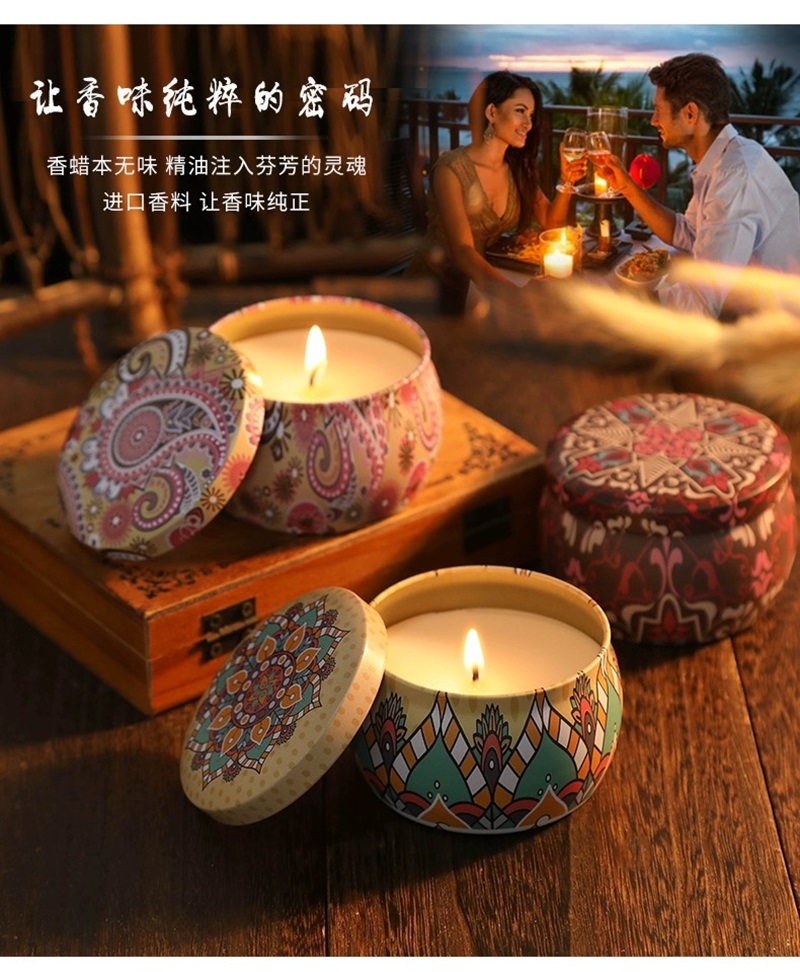 Household soy wax plant tea, fragrant tea, festival decoration atmosphere, round candle, smokeless natural aroma, iron box, cotton core, wood core, dried flower fragrant tea, festival decoration atmosphere, round candle, smokeless natural aroma, small candle, candle Application Scenario