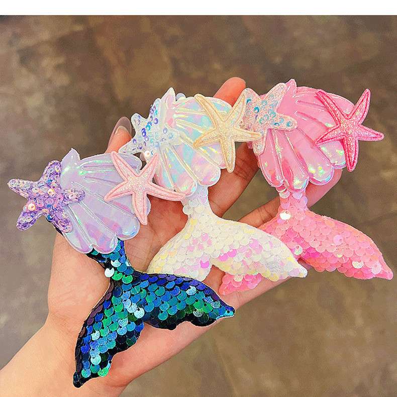 Little girl mermaid tail hair clip, baby cute cartoon hair clip, children's shell starfish hair band, girls' headwear details Picture