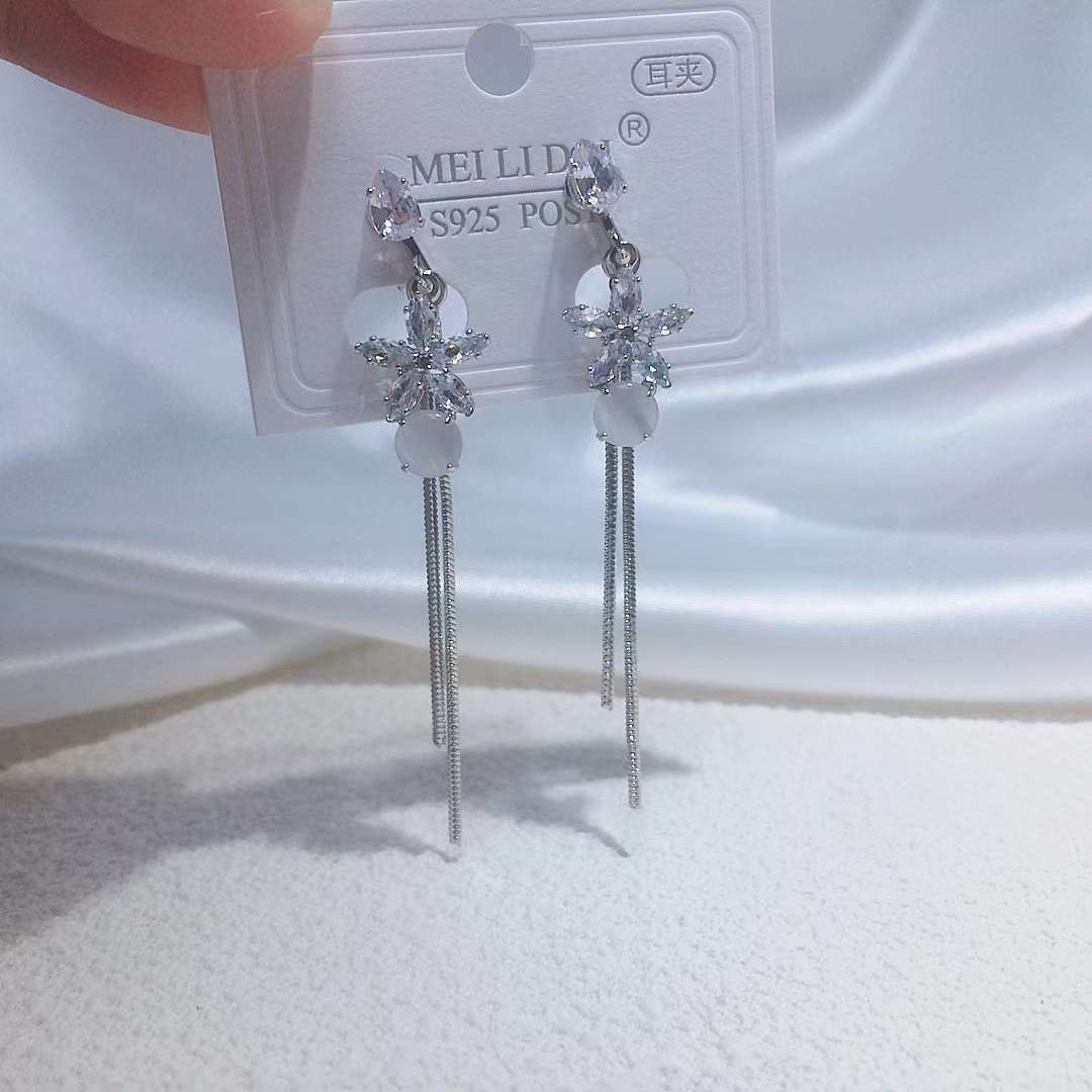 锆石耳夹女长款流苏耳环花朵猫眼耳饰锆石耳环无耳洞耳夹详情图5