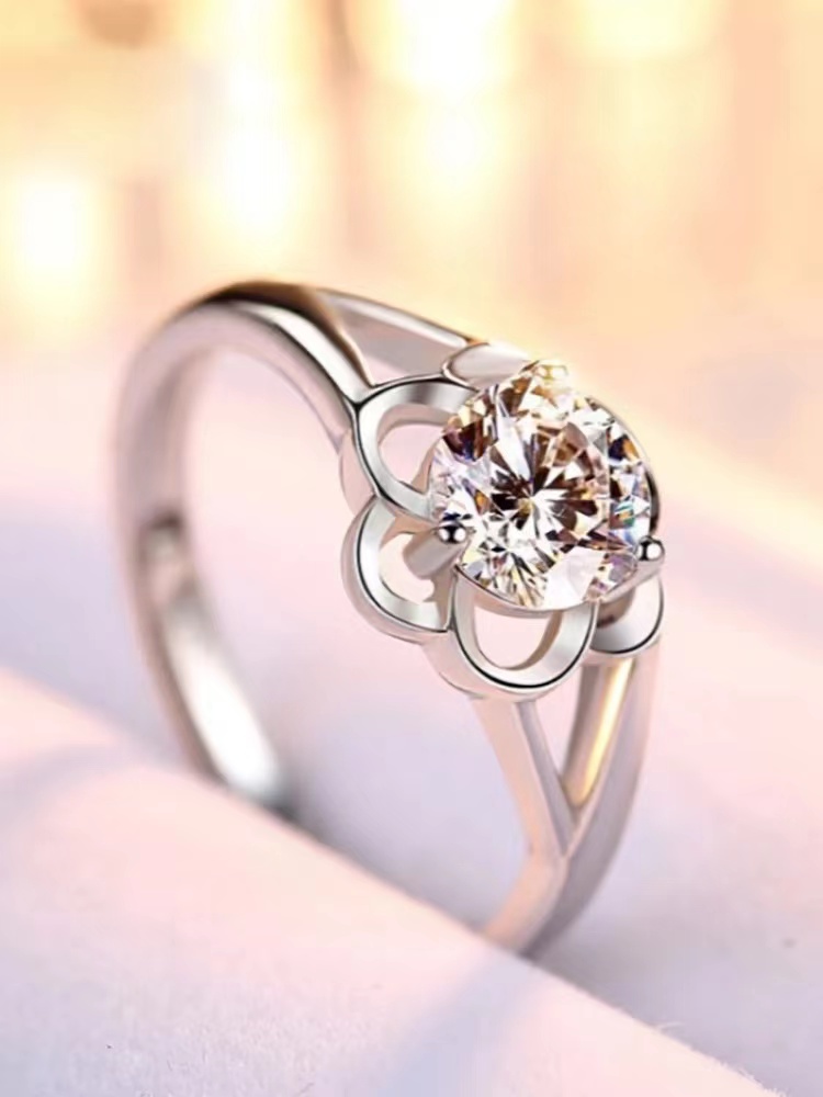 Live-streaming supply: One-carat diamond ring for women, fashionable and simple six-prong open ring, rose-shaped zircon ring