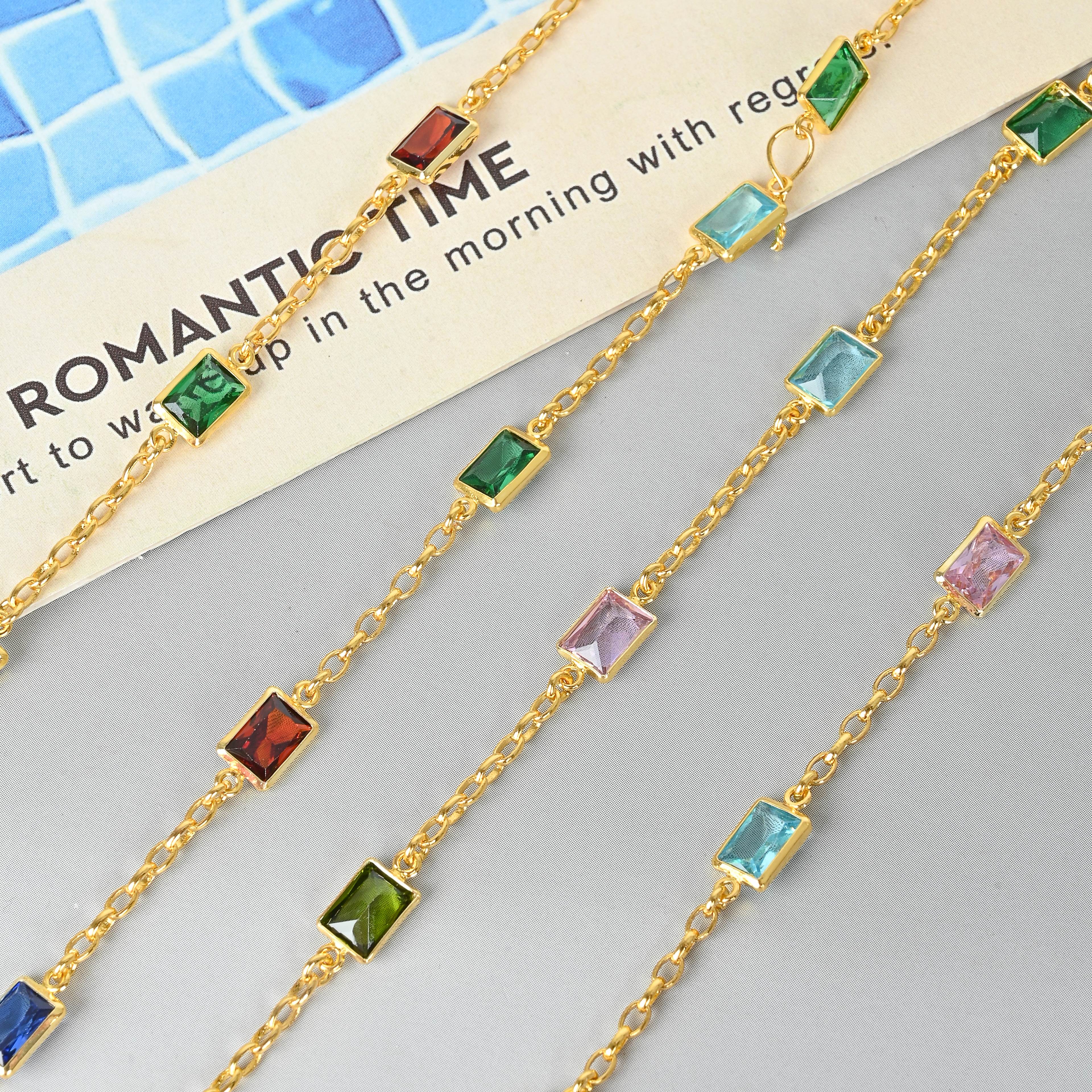 Retro court zircon copper chain, pure copper electrophoretic bamboo joint square zirconium chain, diy handcrafted jewelry tassel accessories 015