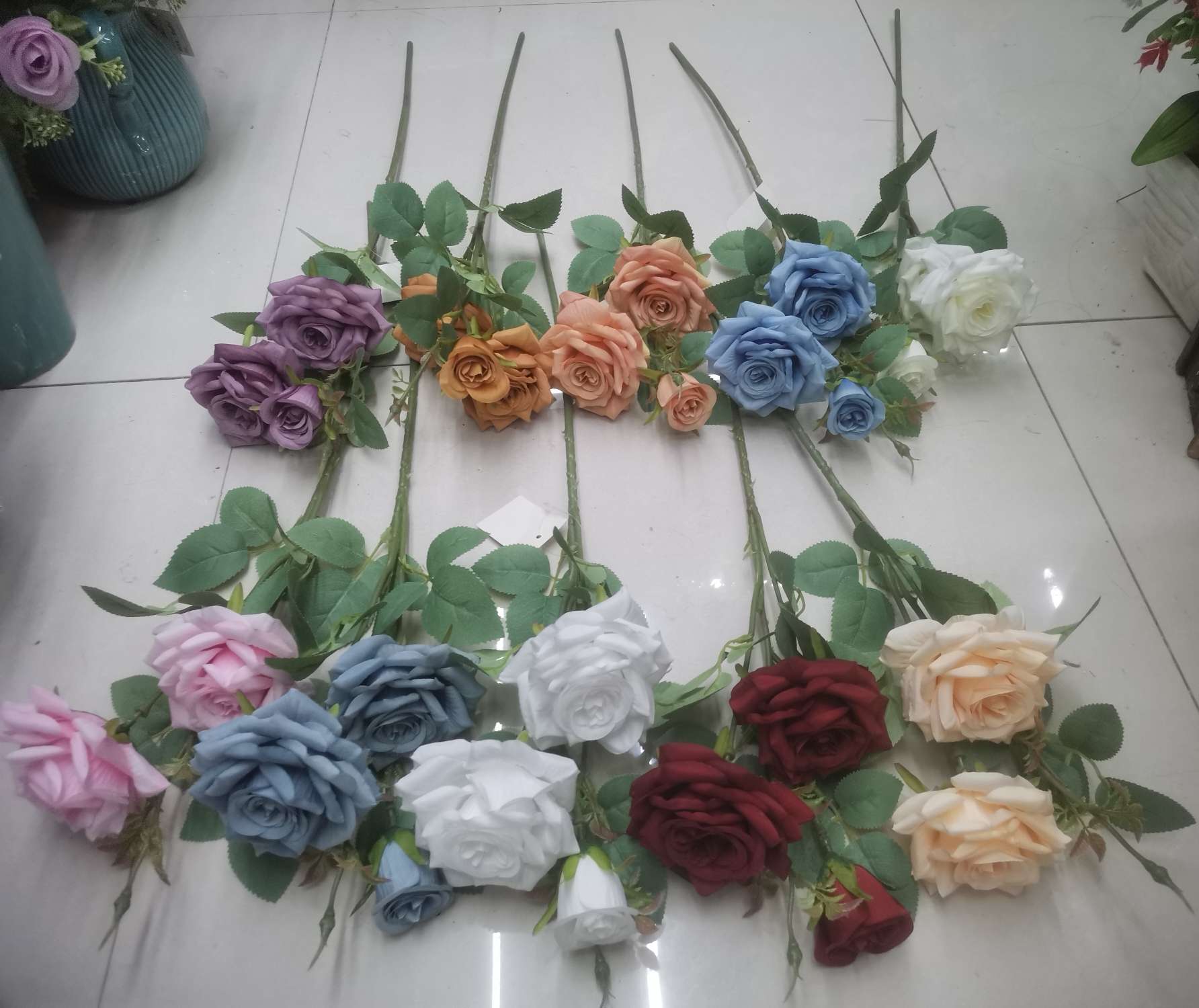 New-style high-stem three-headed rose artificial flowers, high-fidelity bouquet decoration engineering flowers Item Picture
