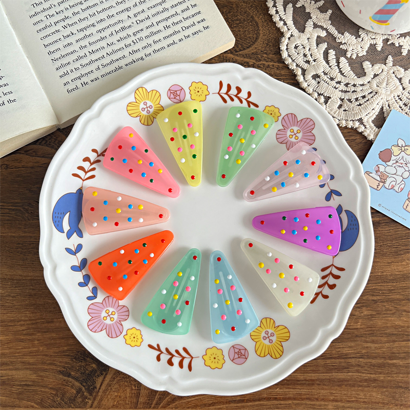 New cute and versatile children's triangular polka dot fresh jelly-colored hair clips, bangs clips, side clips, bb clips and hair accessories details Picture