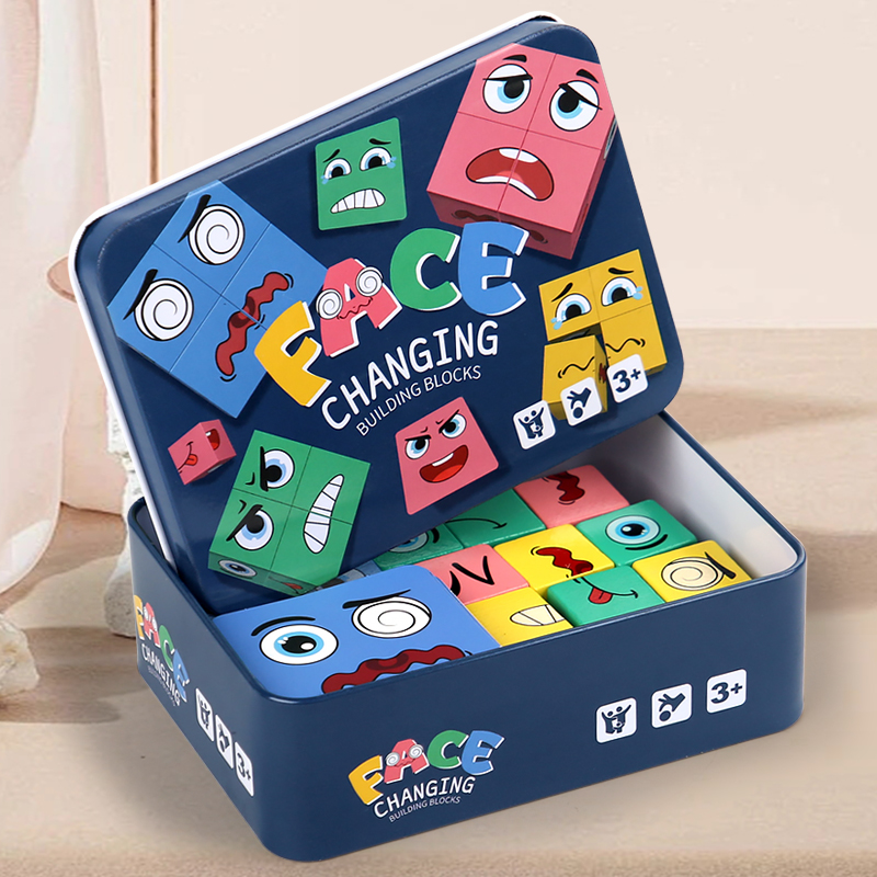 Iron box set four against the face building blocks children enlighten wooden logical thinking training fun expression changing face Rubik's cube building blocks three-dimensional puzzle toy happy party board game Application Scenario