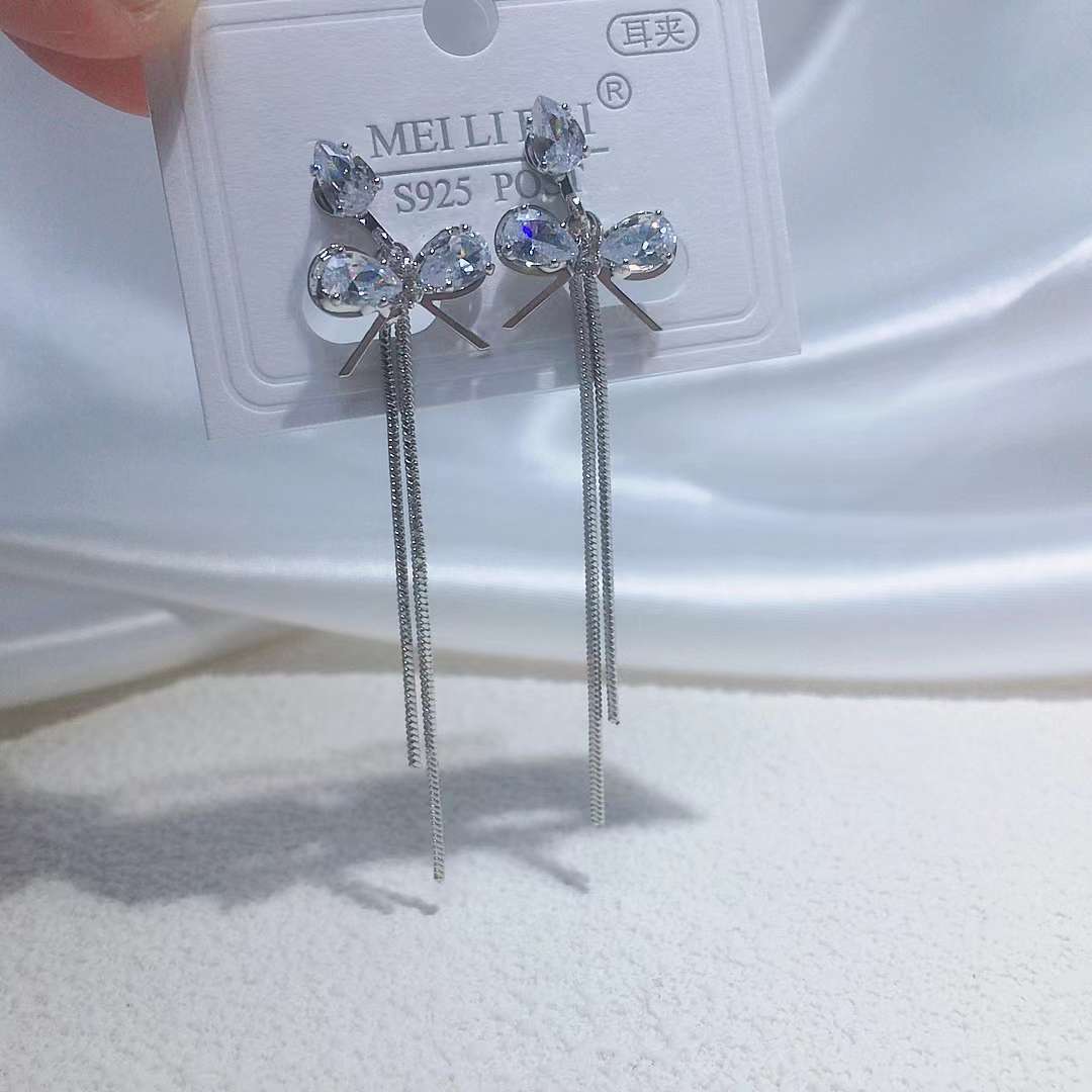 长款流苏无耳洞耳夹女锆石耳环蝴蝶结耳饰