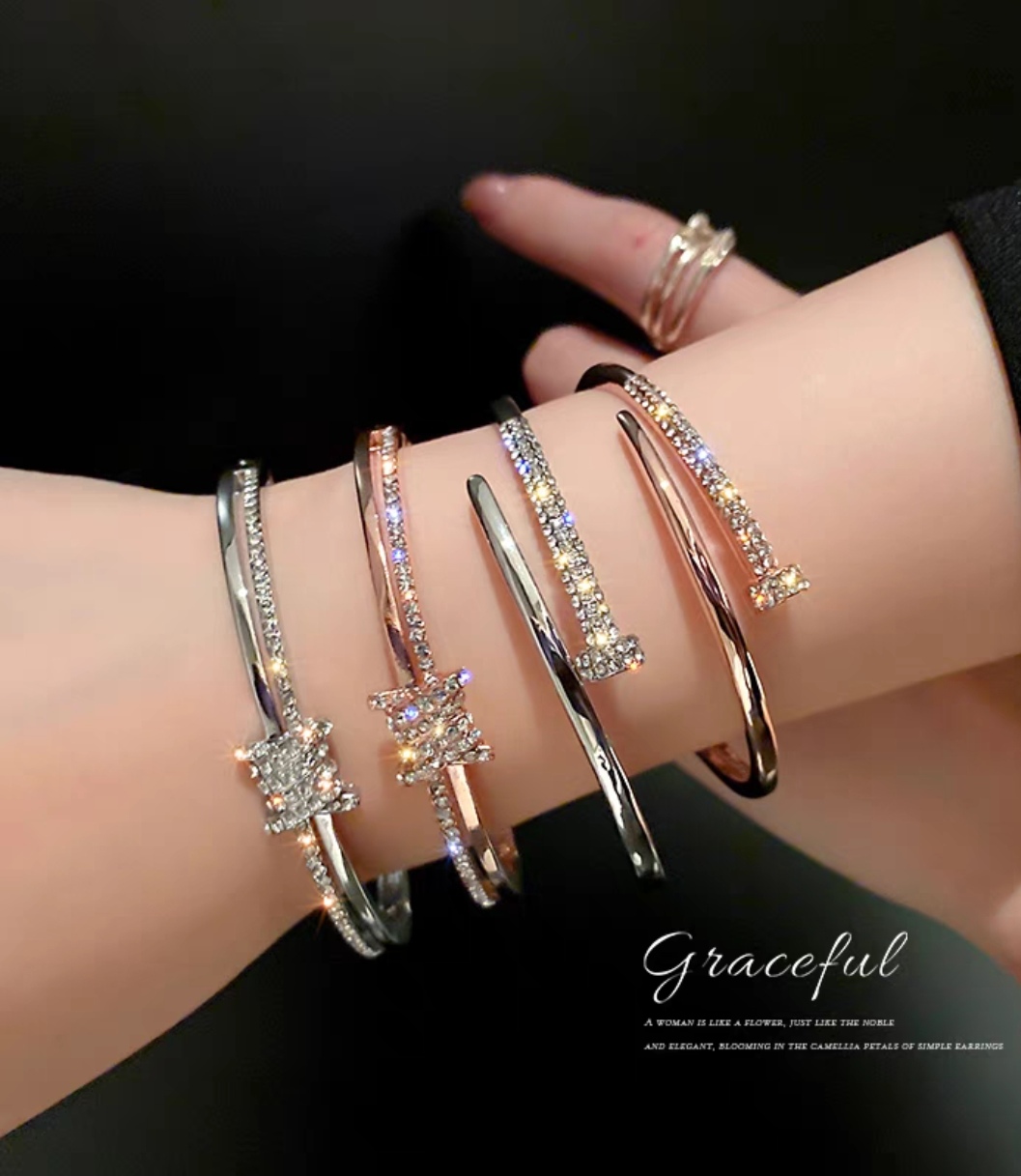 High-end diamond-encrusted bracelet with an Instagram niche design, adjustable opening, fashionable bracelet accessory, new style for women in 2024