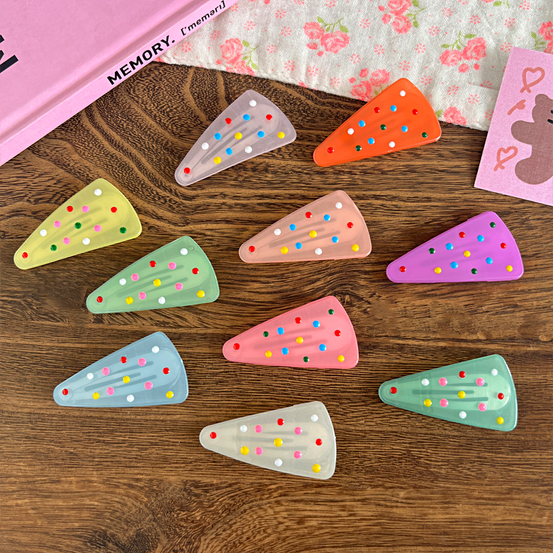 New cute and versatile children's triangular polka dot fresh jelly-colored hair clips, bangs clips, side clips, bb clips and hair accessories Item Picture