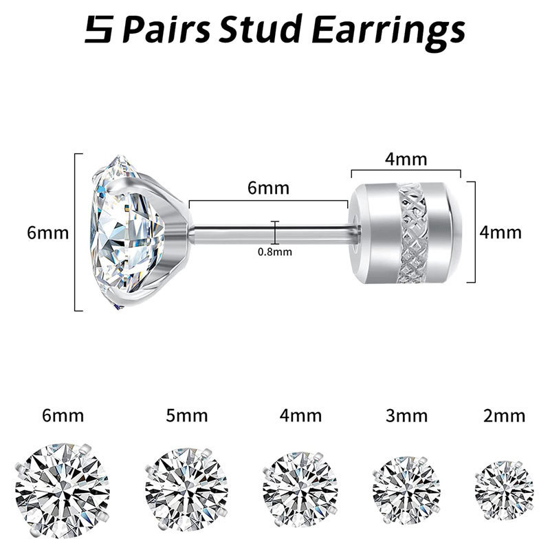 Stainless steel ear studs, cylindrical four-prong zircon ear studs, piercing accessories, back ear studs, small ear bone studs, crystal ear studs 3mm, 3mm, 5mm, 6mm Item Picture