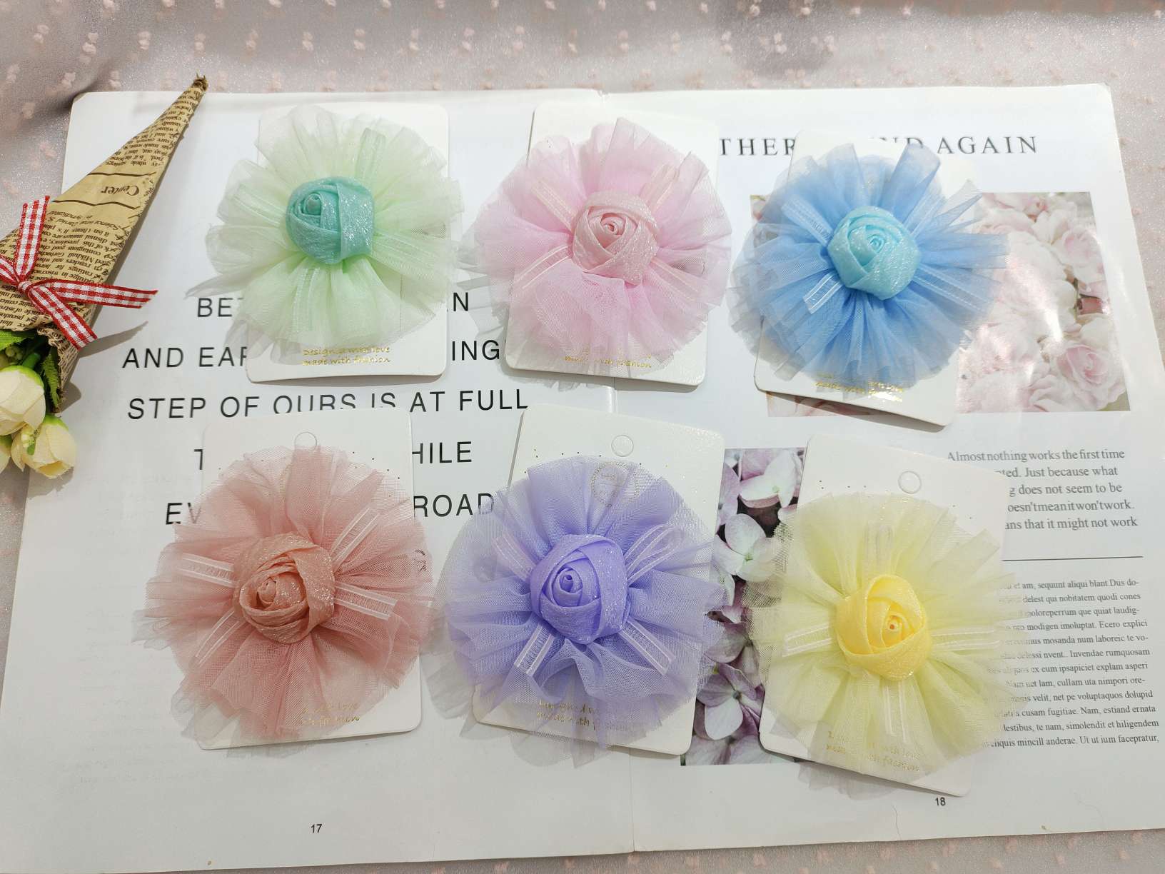 发夹儿童夏季可爱，玫瑰花芯纱，儿童饰品