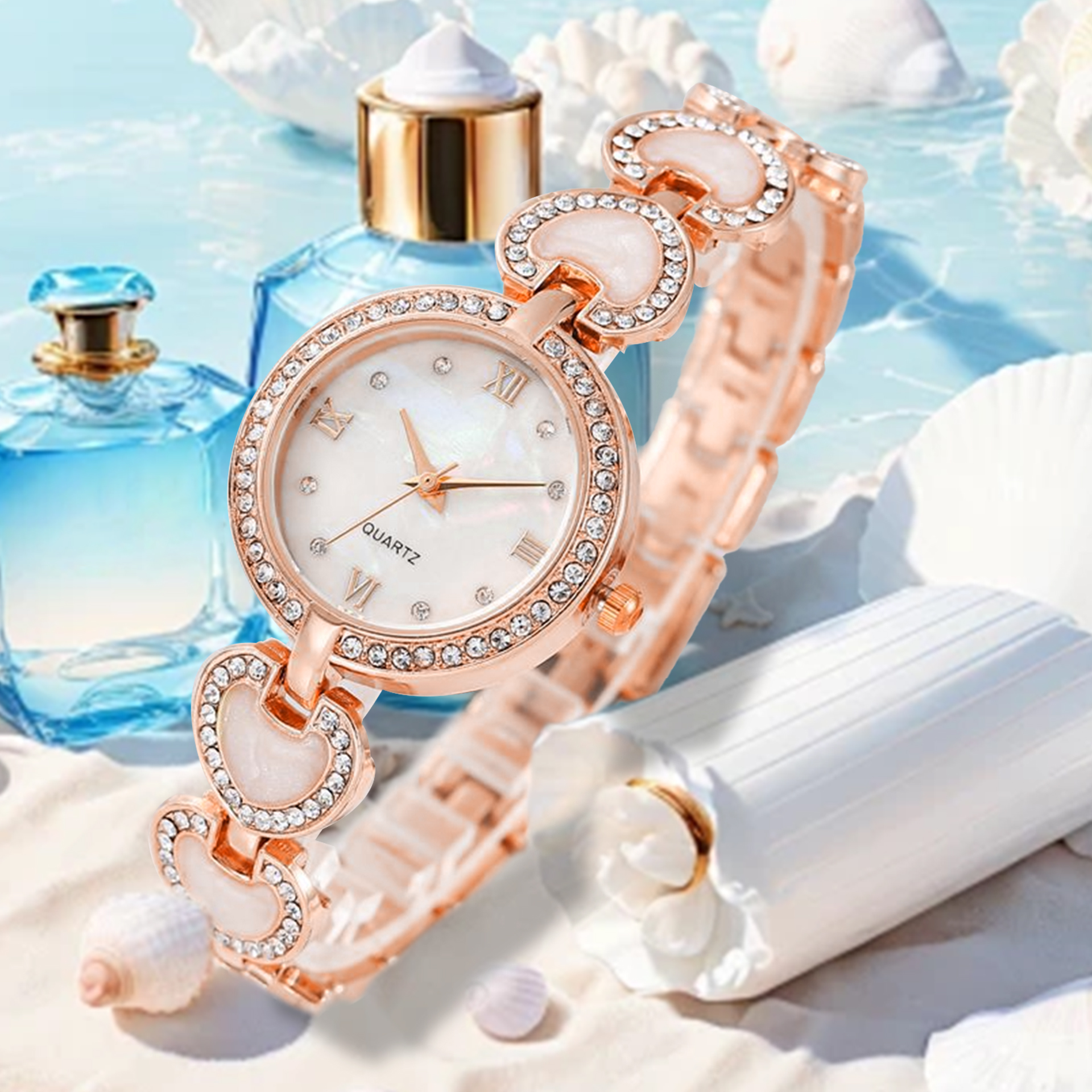 Foreign Trade New Fashion Love Chain Diamond Watch Temperament Bracelet Watch Selling Peach Heart Quartz Women's Watch Specification drawing