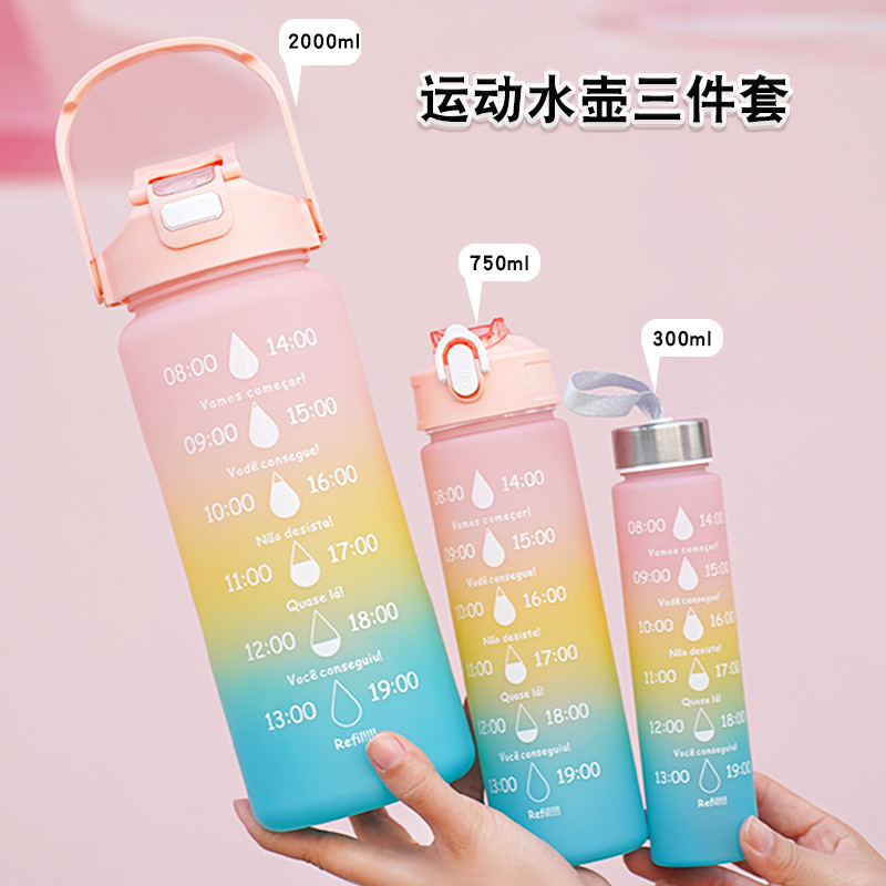 三套杯水杯大容量带吸管cups 磨砂渐变运动塑料水壶water bottle