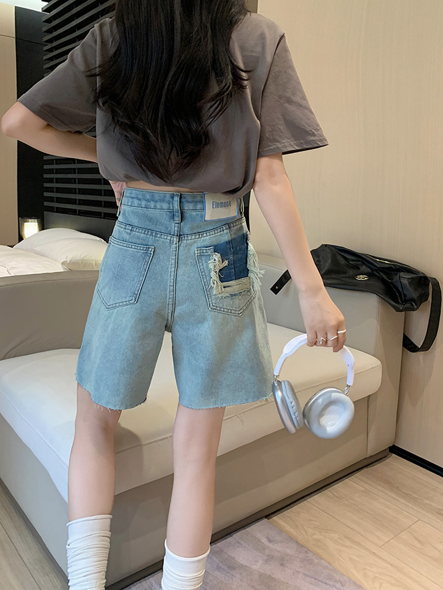 Light Denim Shorts Women's Summer Color Contrast High Waist Loose Everything With Five Cents Straight Leg Wide Leg Pants details Picture