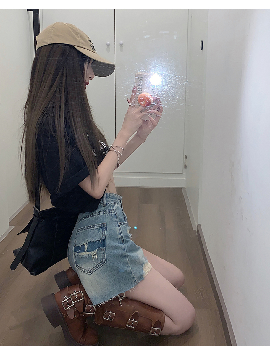Raw Edge Ripped Denim Shorts Summer Sweet Cool Spice High Waisted Slimming Color Contrast Design Wide Leg A-Line Hot Pants Specification drawing