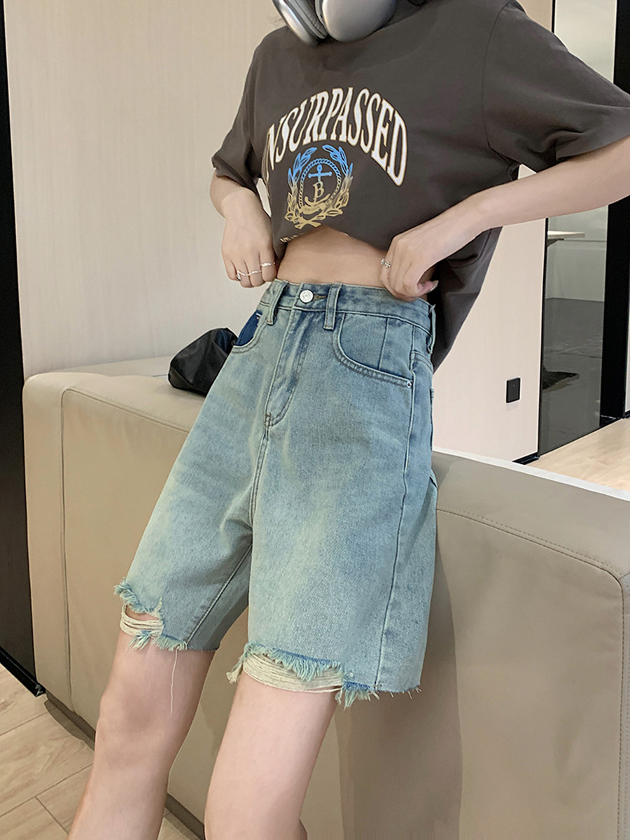 Light Denim Shorts Women's Summer Color Contrast High Waist Loose Everything With Five Cents Straight Leg Wide Leg Pants