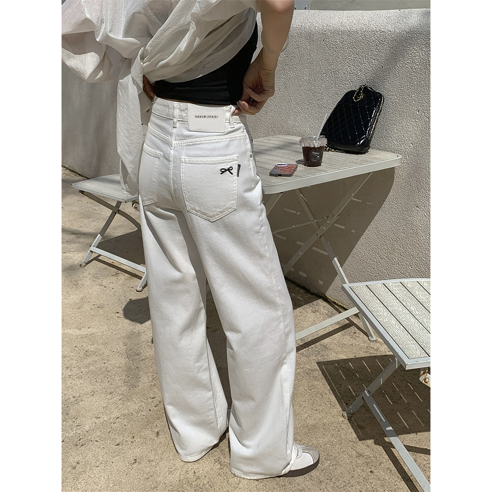 Simple Style Embroidery Chic Bow White High Waisted Denim Wide Leg Straight Mop Pants Application Scenario
