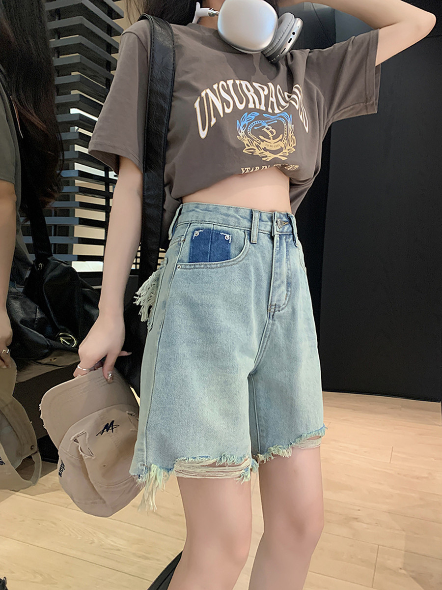 Light Denim Shorts Women's Summer Color Contrast High Waist Loose Everything With Five Cents Straight Leg Wide Leg Pants Application Scenario