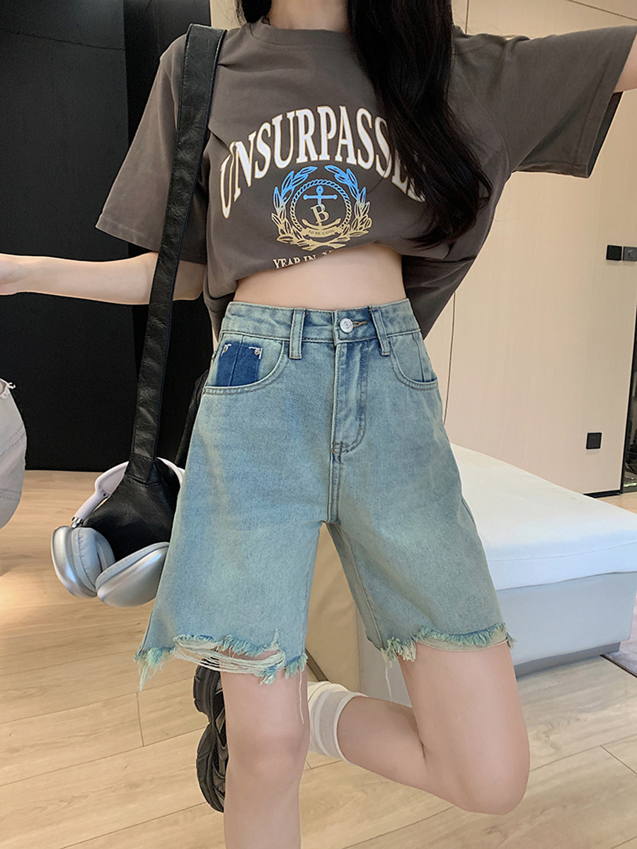 Light Denim Shorts Women's Summer Color Contrast High Waist Loose Everything With Five Cents Straight Leg Wide Leg Pants Specification drawing
