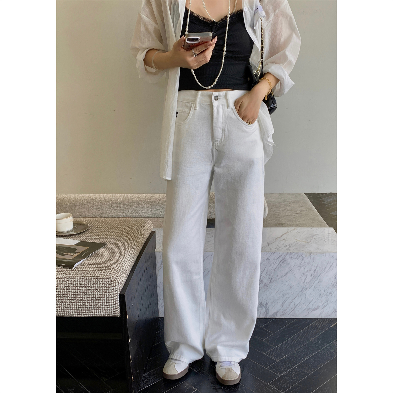 Simple Style Embroidery Chic Bow White High Waisted Denim Wide Leg Straight Mop Pants