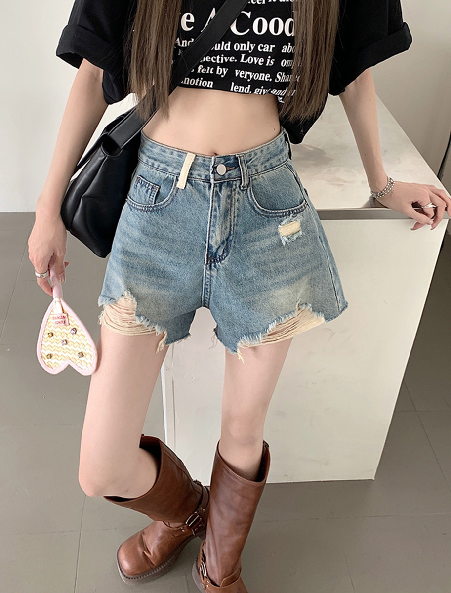 Raw Edge Ripped Denim Shorts Summer Sweet Cool Spice High Waisted Slimming Color Contrast Design Wide Leg A-Line Hot Pants Item Picture