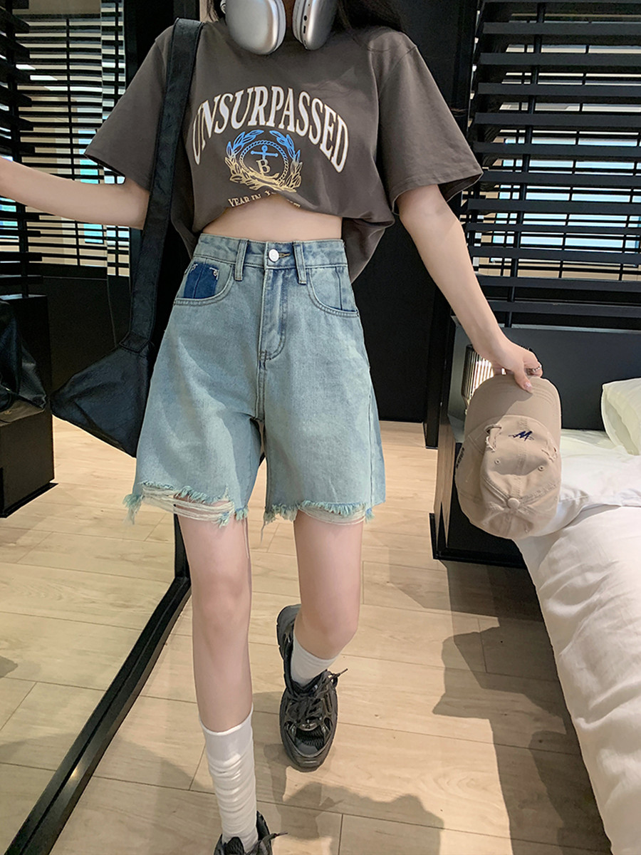 Light Denim Shorts Women's Summer Color Contrast High Waist Loose Everything With Five Cents Straight Leg Wide Leg Pants Item Picture