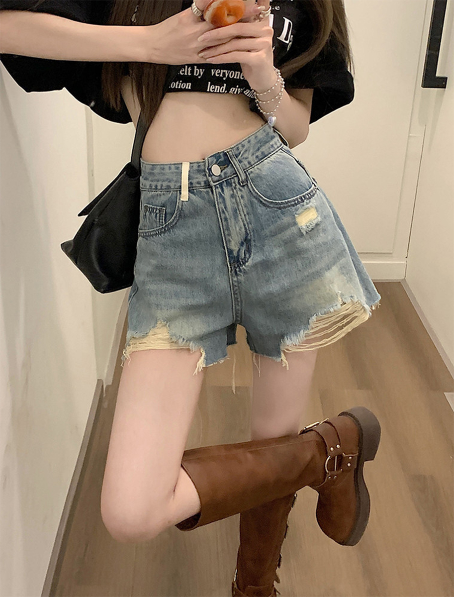 Raw Edge Ripped Denim Shorts Summer Sweet Cool Spice High Waisted Slimming Color Contrast Design Wide Leg A-Line Hot Pants Application Scenario