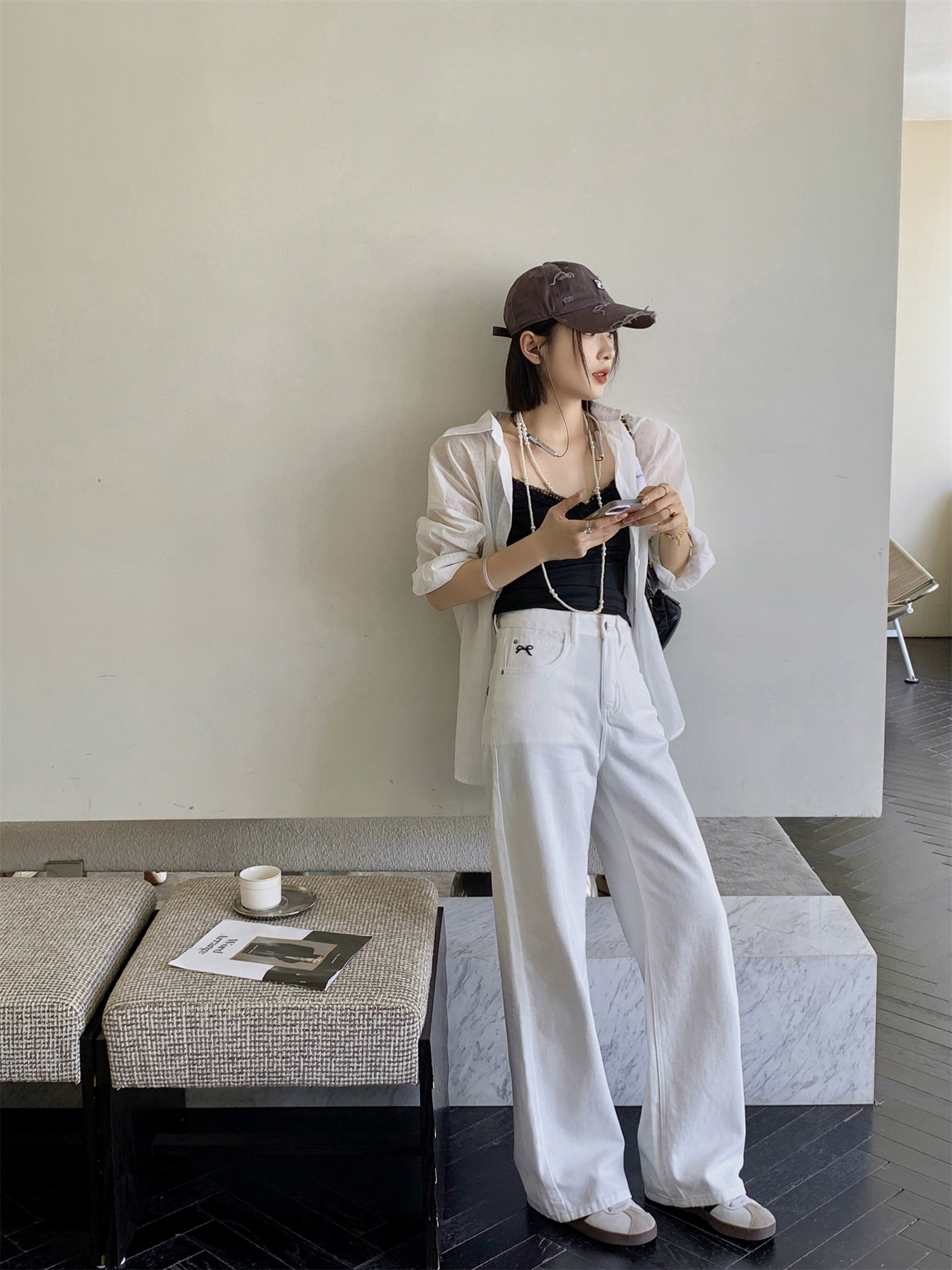 Simple Style Embroidery Chic Bow White High Waisted Denim Wide Leg Straight Mop Pants Specification drawing