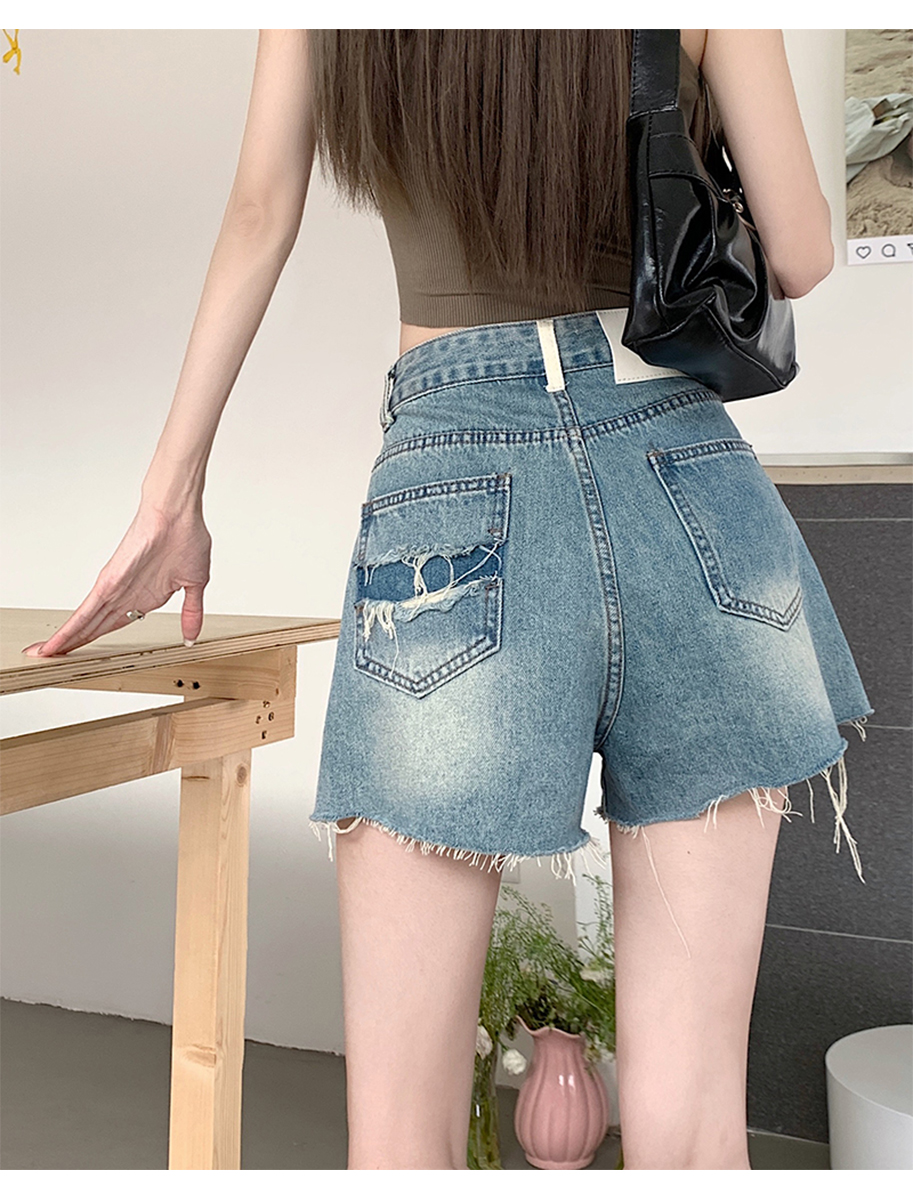 Raw Edge Ripped Denim Shorts Summer Sweet Cool Spice High Waisted Slimming Color Contrast Design Wide Leg A-Line Hot Pants details Picture