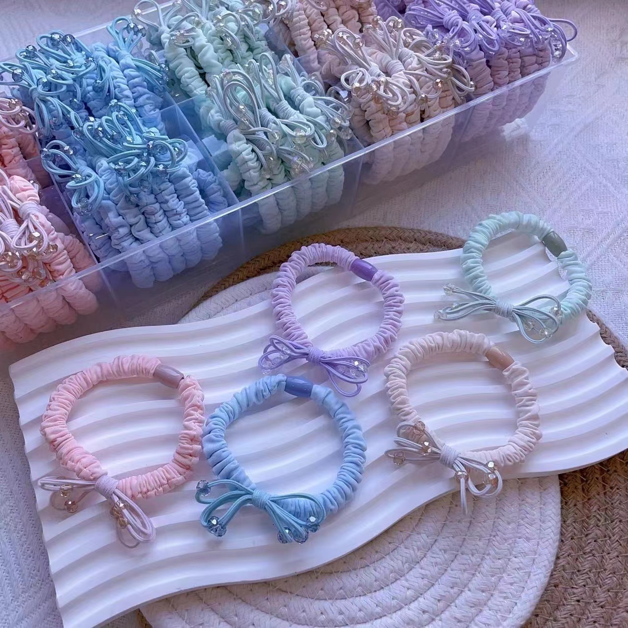 Korean-style colorful figure-eight bow tie water diamond small intestine ring multi-purpose bracelet, simple style, strong pulling, unbreakable girlish style hair tie rubber band details Picture