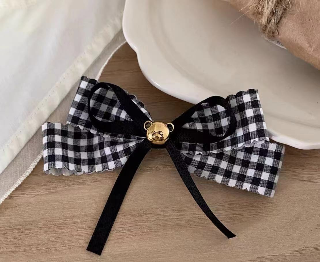 发夹发饰抓夹创意饰品复古格纹蝴蝶结小熊发夹