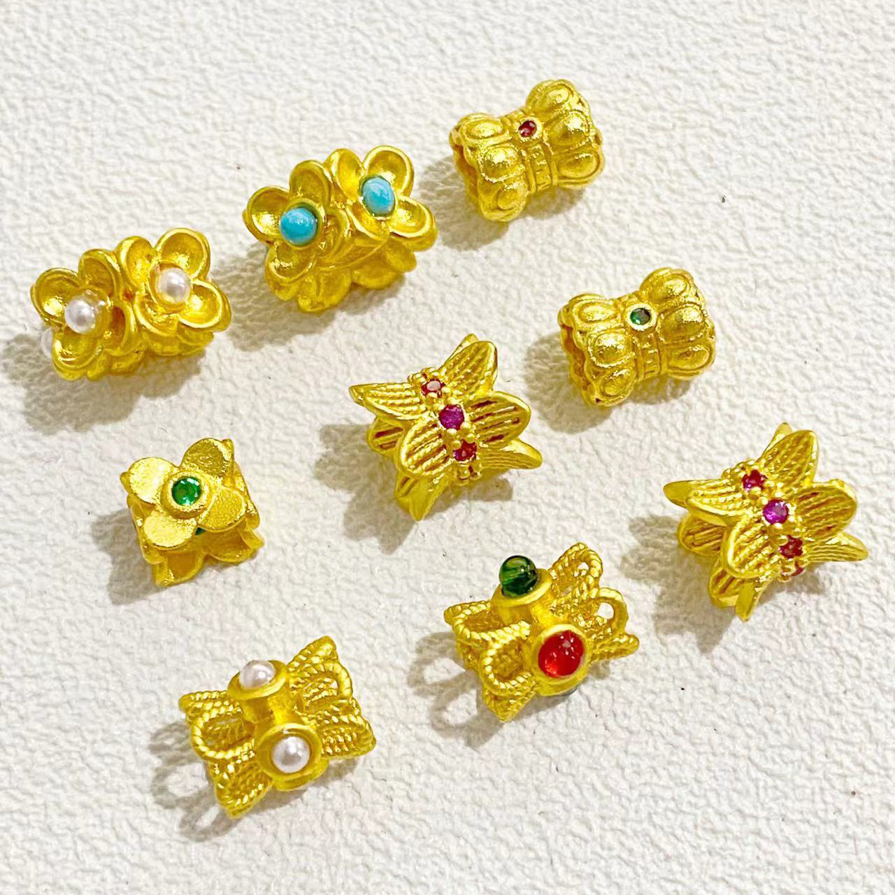 保色古法沙金diy配件双花托珠帽隔珠方形大孔珠饰品串珠散珠配件高保色手链项链弯管diy配件延长链娜娜通双耳挂件三通配饰穿详情4