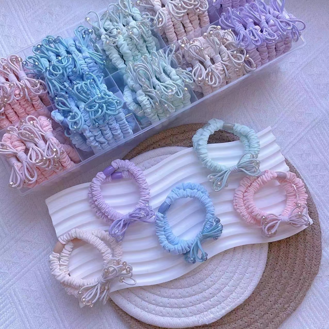 韩版彩色八字领结水钻小肠圈多用手串简约风强拉不断少女风格头扎皮筋