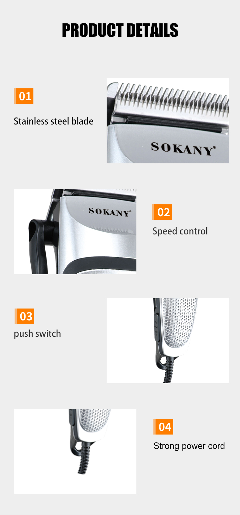 Cross-border SOKANY4643 stainless steel blade hair clipper, metal electric clipper, hair clipper, hair salon pic 9