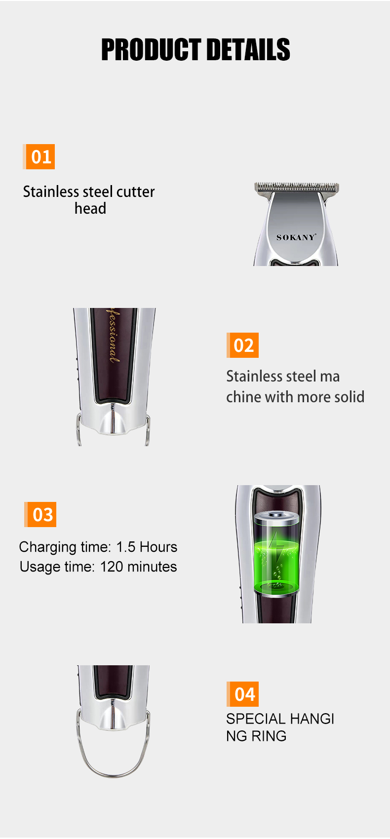 跨境出口SOKANY9932理发剪家用老人小孩通用可充电电推剪理发器理发剪详情9