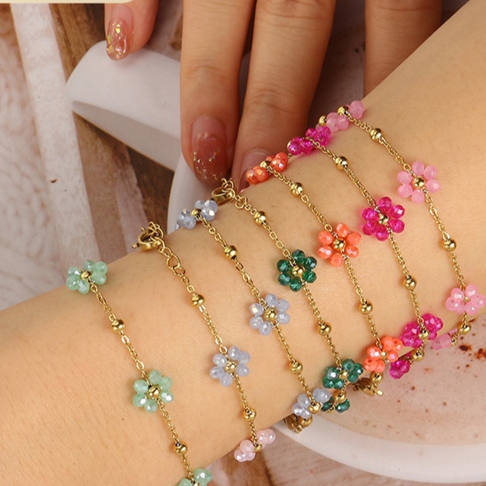 花朵手链不锈钢饰品手工精致手链水晶花朵手链跨境外贸时尚不锈钢时尚独特手链2024新款花朵不锈钢项链详情图2