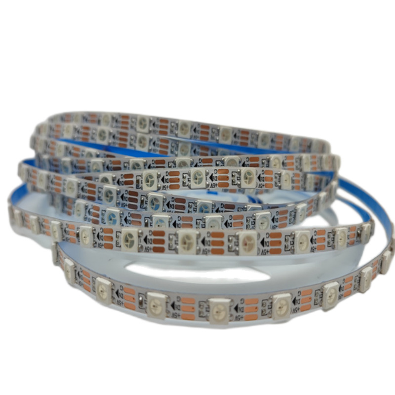 灯带热销5V5.5MM窄板WS2812B一米3060灯内置IC可编程 LED全彩幻彩灯带 流水灯带白底实物图