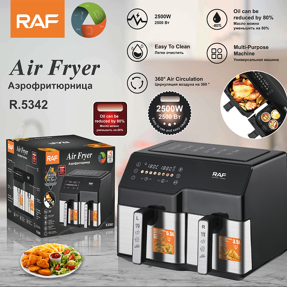 RAF European standard cross-border air fryer, dual-pot, large-capacity, multi-functional household electric fryer, smokeless touch screen, 10L