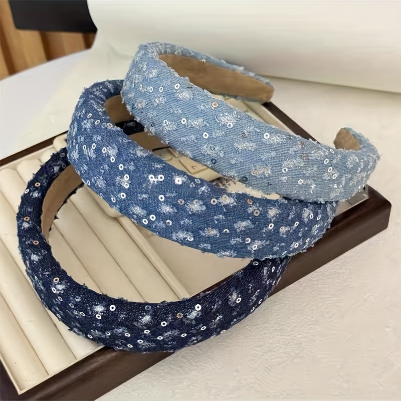 复古亮片蓝牛仔破洞发箍2024新款小众百搭简约设计感高颅顶发饰 时尚女士头饰独特设计其他发饰精美饰品