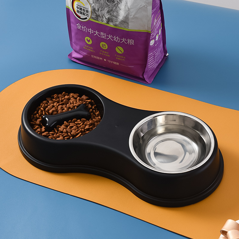 New large-bone dog slow food stainless steel double-bowl dog food and water bowl integrated double-bowl water basin pet supplies Specification image