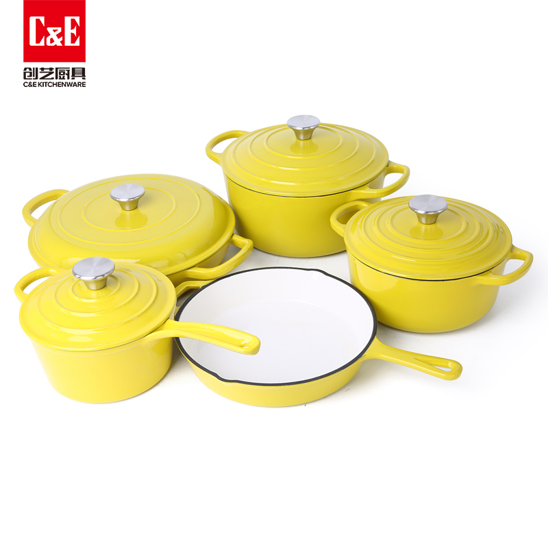 C&E Creative Enamel Cast Iron 7-piece set, suitable for frying steaks, milk POTS, soup POTS of different capacities, multi-functional kitchen POTS, stewing, boiling, braising, gas and open flame stoves pic 3