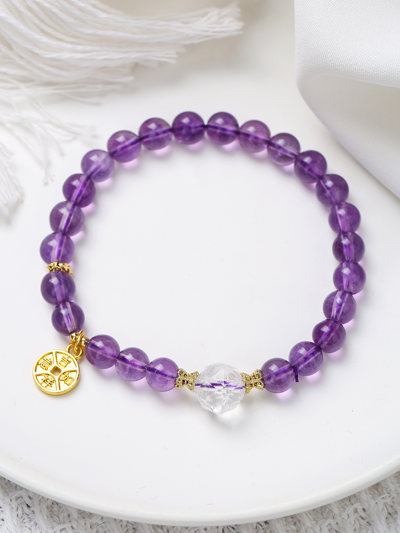 天然紫水晶搭配天然白水晶手串手串珠子天然白水晶手串