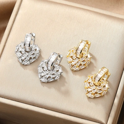 Korean Version Of Personality Peach Heart Zircon Earrings Niche Hollow Design Earring Ring Net Red Fairy Love Full Of Diamond Earrings