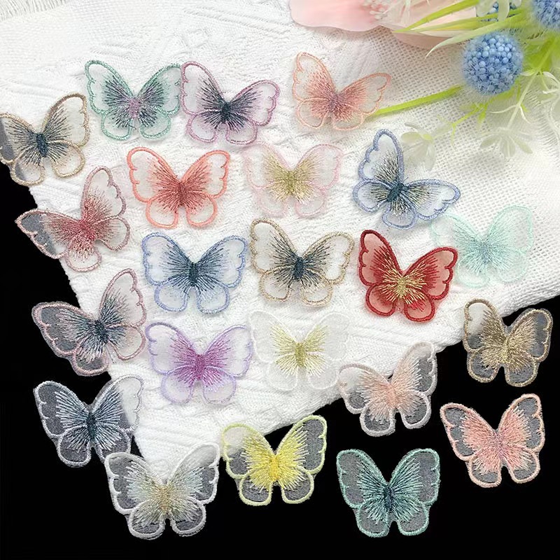 小蝴蝶刺绣布欧根纱贴绣花时尚头饰衣服装饰辅料手工缝细节图