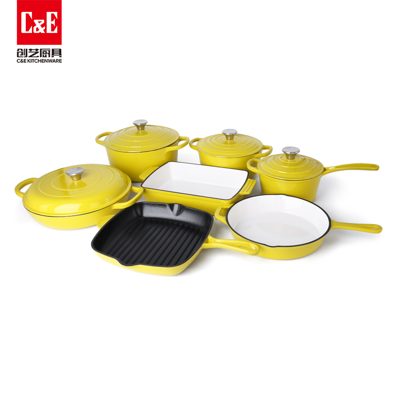 C&E Creative Enamel Cast Iron 7-piece set, suitable for frying steaks, milk POTS, soup POTS of different capacities, multi-functional kitchen POTS, stewing, boiling, braising, gas and open flame stoves