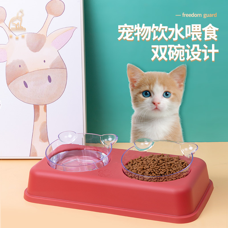 新款狗狗喂食双碗猫咪透明双碗防打翻小熊护颈狗狗喂食碗宠物用品