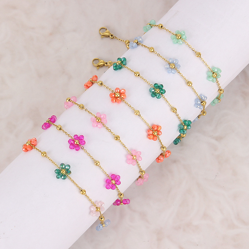 花朵手链不锈钢饰品手工精致手链水晶花朵手链跨境外贸时尚不锈钢时尚独特手链2024新款花朵不锈钢项链产品图