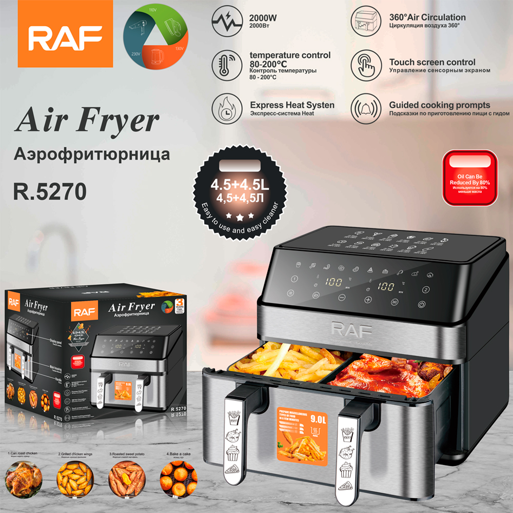 RAF European standard cross-border air fryer, dual-pot, large-capacity, multi-functional household electric fryer, smokeless touch screen, 9L