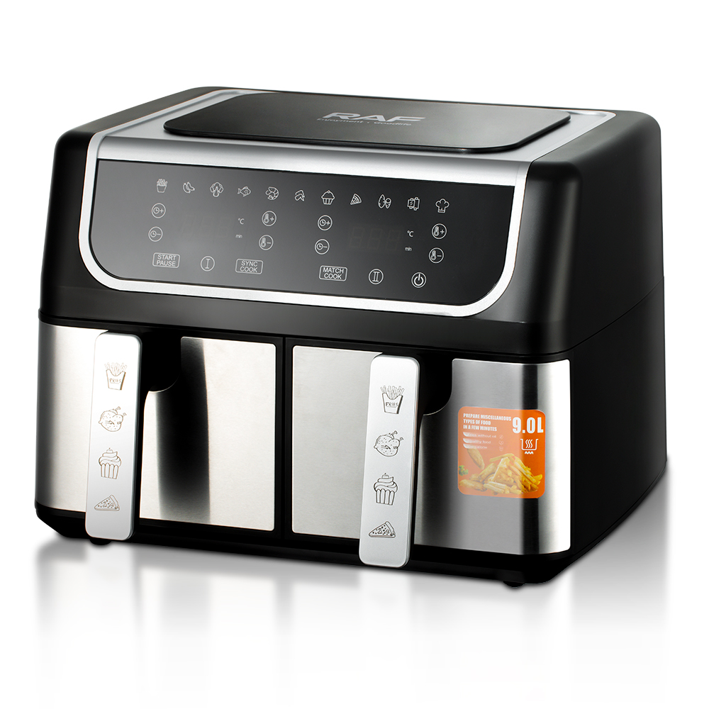 RAF European standard cross-border double-chamber air fryer with dual compartments, 9L large capacity, multi-functional, dual POTS and dual baskets, and intelligent touch screen Application Scenario